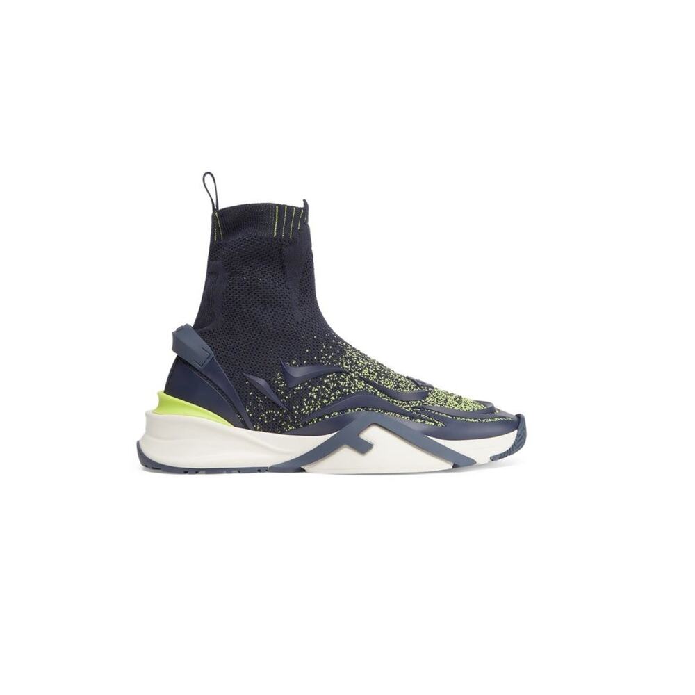 $1,395 NIB Fendi Navy Multicolor Contrast Knit Sock Style High Top Sneakers 12 D